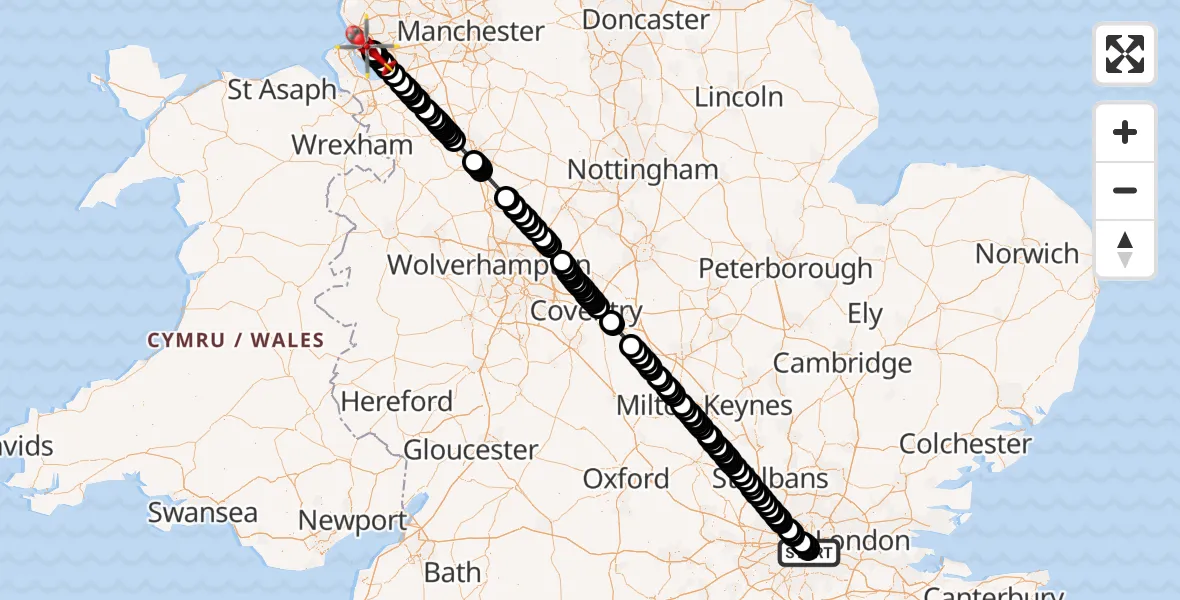 Flight route Air Ambulance Helicopter Kings College London Hospital - Huyton, 31 July 2026, 10:56