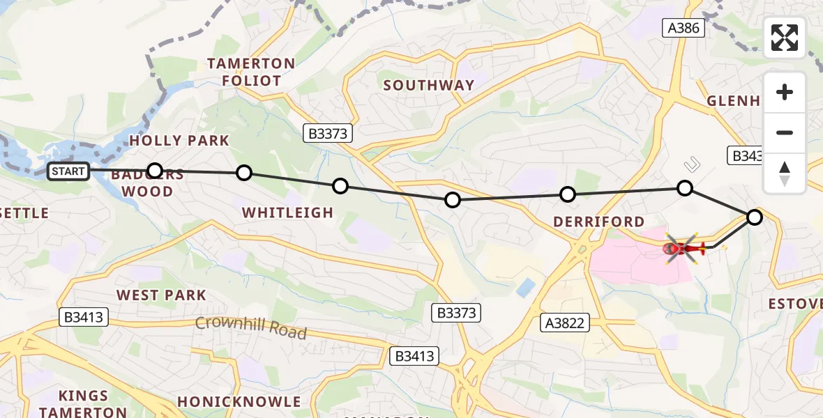 Flight route Air Ambulance Helicopter Plymouth - Derriford Hospital, 31 July 2026, 11:09