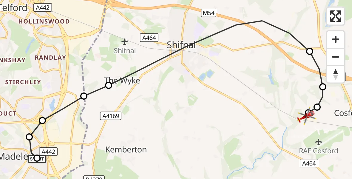 Flight route Air Ambulance Helicopter Madeley - Cosford, 31 July 2026, 11:24