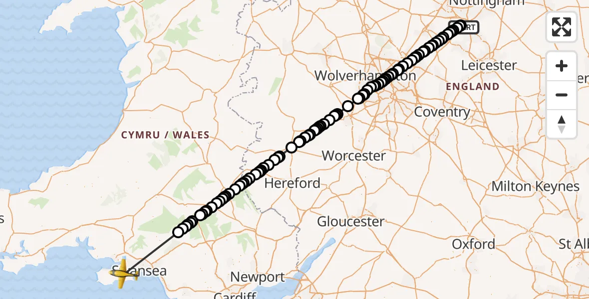 Flight route Police Aircraft East Midlands Airport - Swansea Airport, 31 July 2026, 11:26