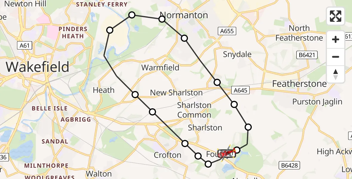 Flight route Air Ambulance Helicopter YAA Nostell Helicopter Port - YAA Nostell Helicopter Port, 31 July 2026, 11:30