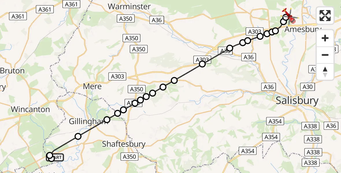 Flight route Air Ambulance Helicopter Henstridge Airfield - Amesbury, 31 July 2026, 11:37