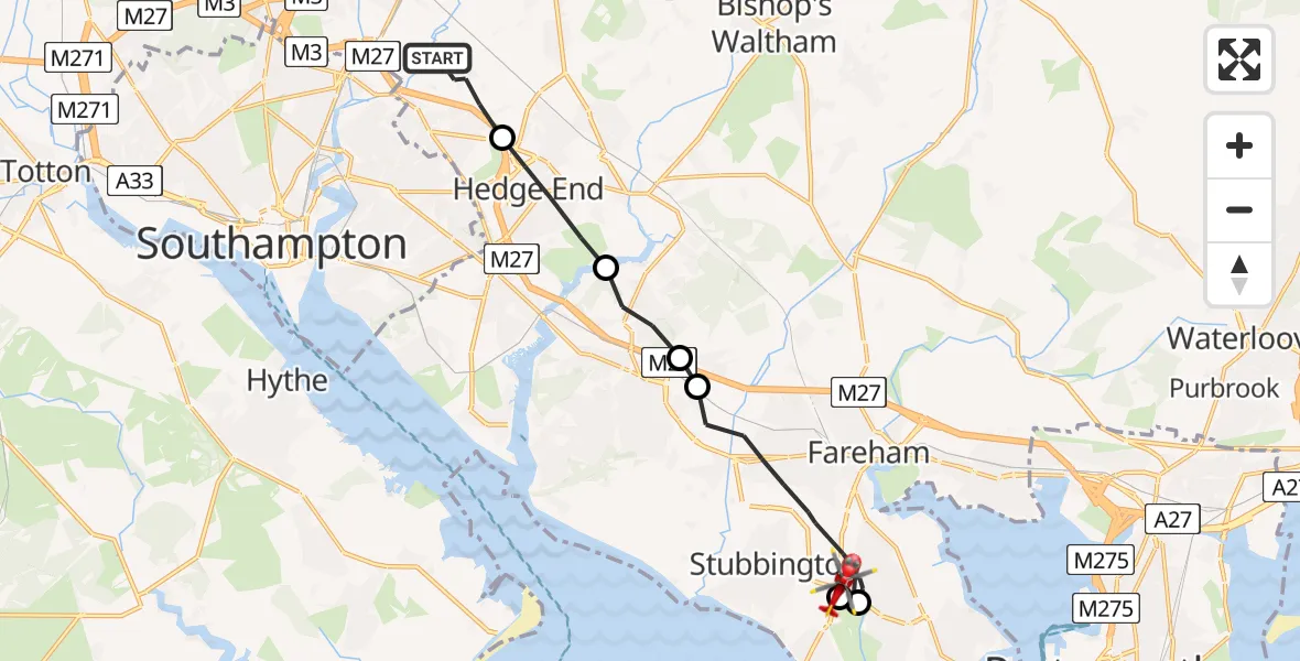 Flight route Air Ambulance Helicopter Eastleigh - Fareham, 31 July 2026, 11:38