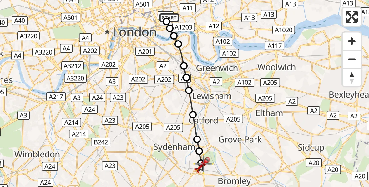Flight route Air Ambulance Helicopter Royal London Hospital - Beckenham, 31 July 2026, 11:45