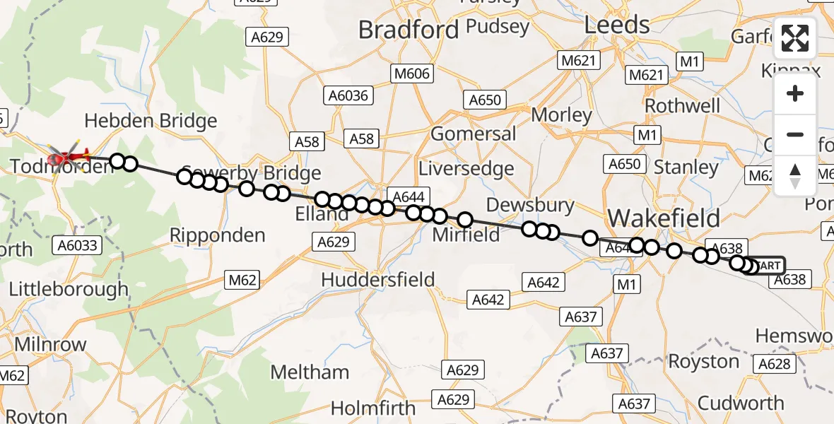 Flight route Air Ambulance Helicopter YAA Nostell Helicopter Port - Todmorden, 31 July 2026, 11:59