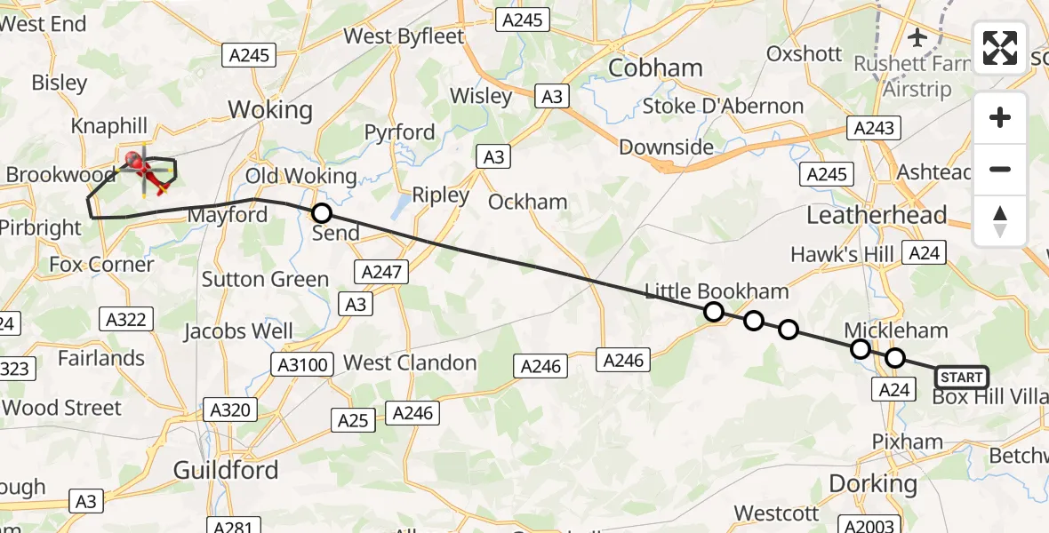 Flight route Air Ambulance Helicopter Pixham - Woking, 31 July 2026, 12:08
