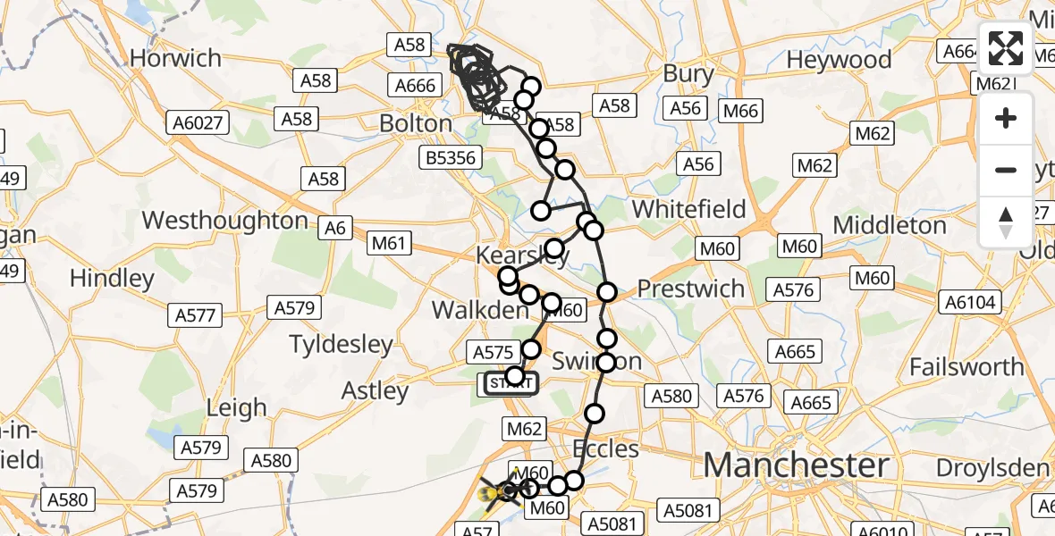 Flight route Police Helicopter Worsley - Manchester Barton Aerodrome, 31 July 2026, 12:27