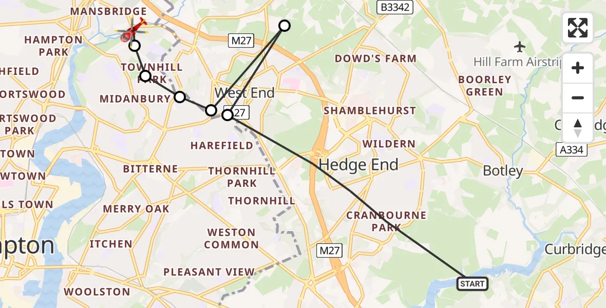 Flight route Air Ambulance Helicopter Hedge End - Mansbridge, 31 July 2026, 12:27