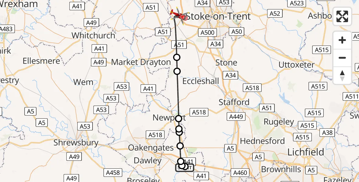 Flight route Air Ambulance Helicopter RAF Cosford - Newcastle-under-Lyme, 31 July 2026, 12:30