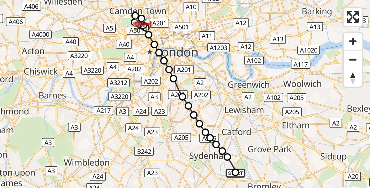 Flight route Air Ambulance Helicopter Beckenham - St Pancras, 31 July 2026, 12:39