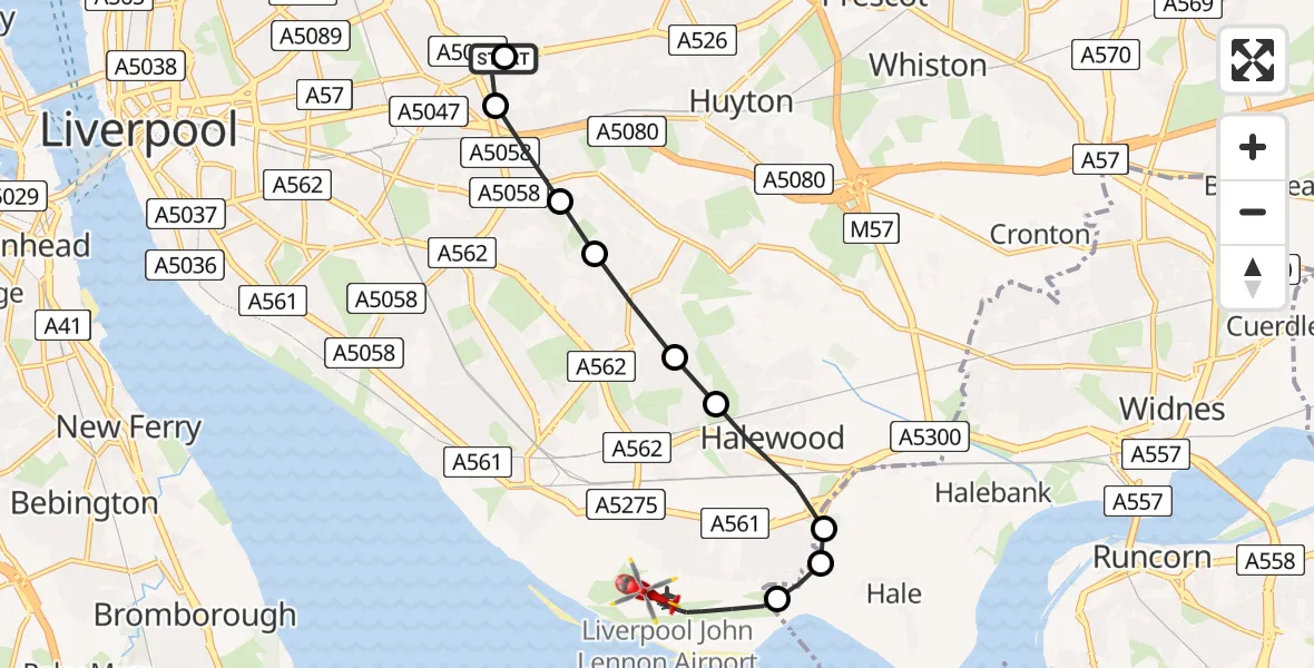 Flight route Air Ambulance Helicopter Knotty Ash - Liverpool John Lennon Airport, 31 July 2026, 12:47