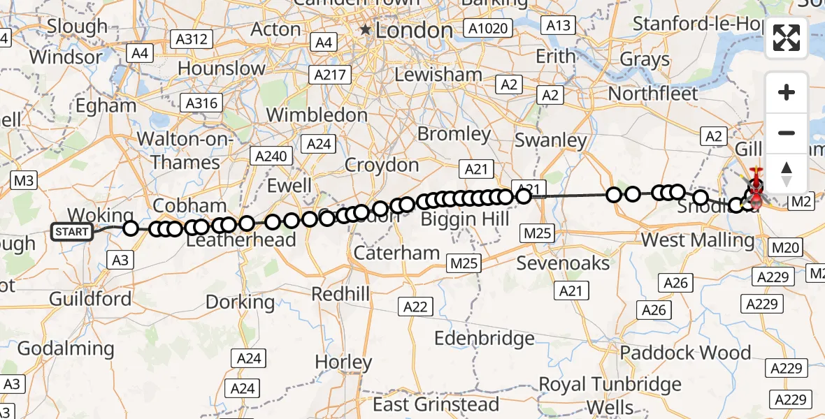 Flight route Air Ambulance Helicopter Woking - Rochester Airport, 31 July 2026, 13:05