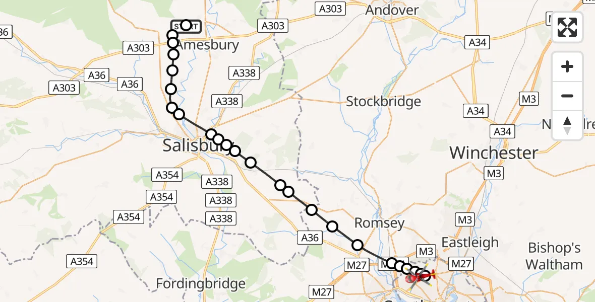 Flight route Air Ambulance Helicopter Larkhill - University Hospital Southampton, 31 July 2026, 13:08