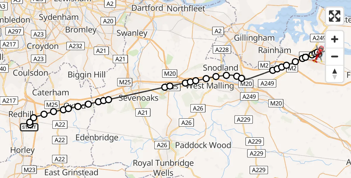 Flight route Air Ambulance Helicopter Redhill Aerodrome - Kemsley, 31 July 2026, 13:10