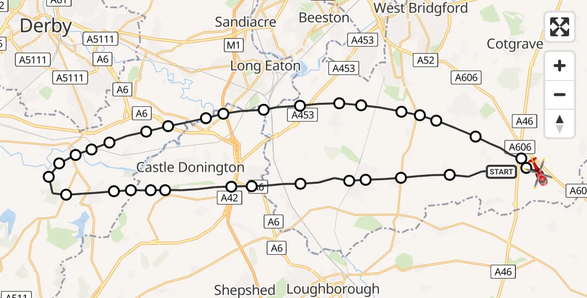 Flight route Air Ambulance Helicopter Widmerpool - Hickling, 31 July 2026, 13:15