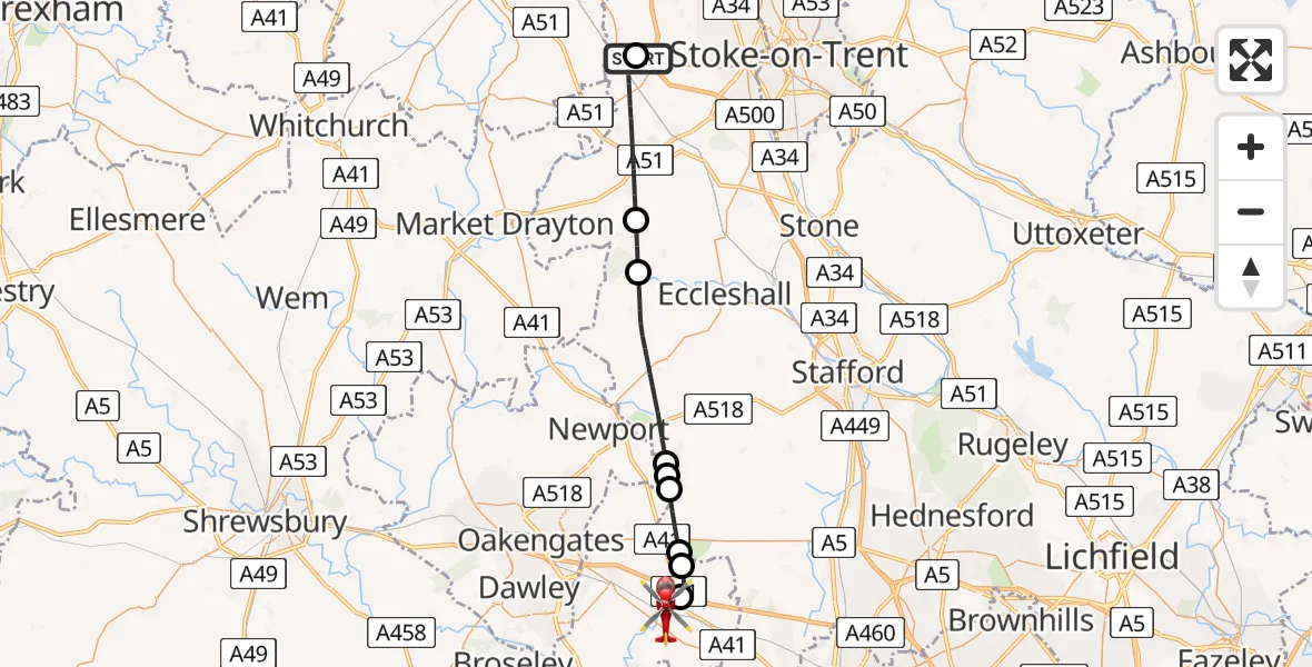 Flight route Air Ambulance Helicopter Newcastle-under-Lyme - Cosford, 31 July 2026, 13:27