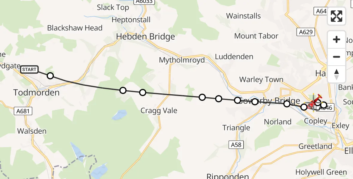 Flight route Air Ambulance Helicopter Todmorden - Copley, 31 July 2026, 13:34