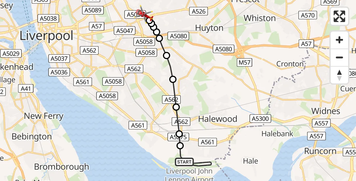 Flight route Air Ambulance Helicopter Liverpool John Lennon Airport - Knotty Ash, 31 July 2026, 13:37