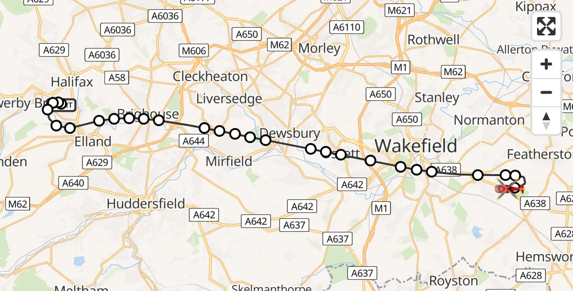 Flight route Air Ambulance Helicopter Skircoat Green - YAA Nostell Helicopter Port, 31 July 2026, 13:47