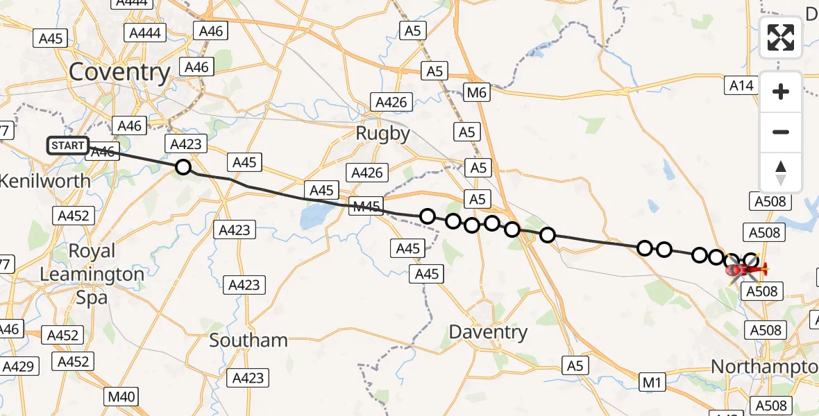 Flight route Air Ambulance Helicopter Green Lane - Pitsford, 31 July 2026, 13:49