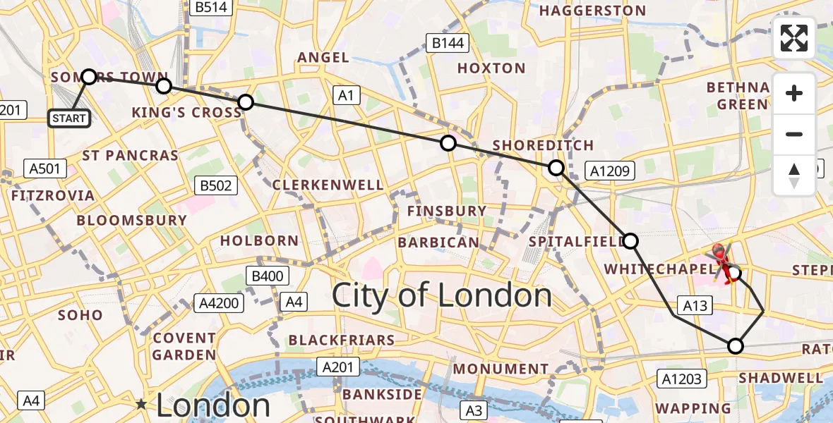 Flight route Air Ambulance Helicopter Fitzrovia - Royal London Hospital, 31 July 2026, 13:52