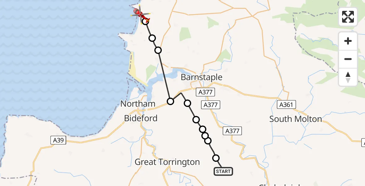 Flight route Air Ambulance Helicopter Roborough - Woolacombe, 31 July 2026, 13:58