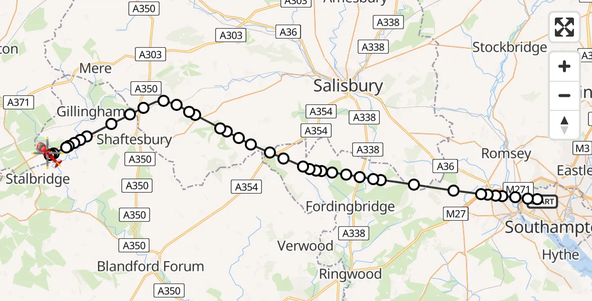 Flight route Air Ambulance Helicopter University Hospital Southampton - Henstridge Airfield, 31 July 2026, 14:02
