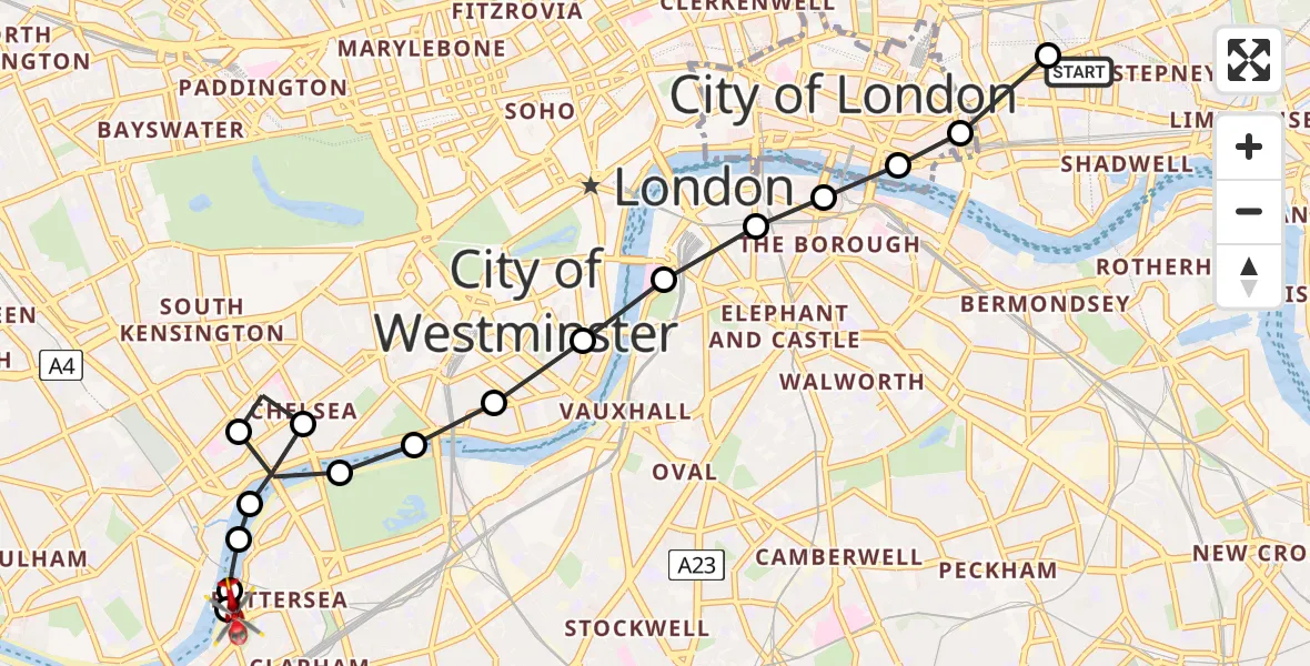 Flight route Air Ambulance Helicopter Royal London Hospital - London Heliport, 31 July 2026, 14:18