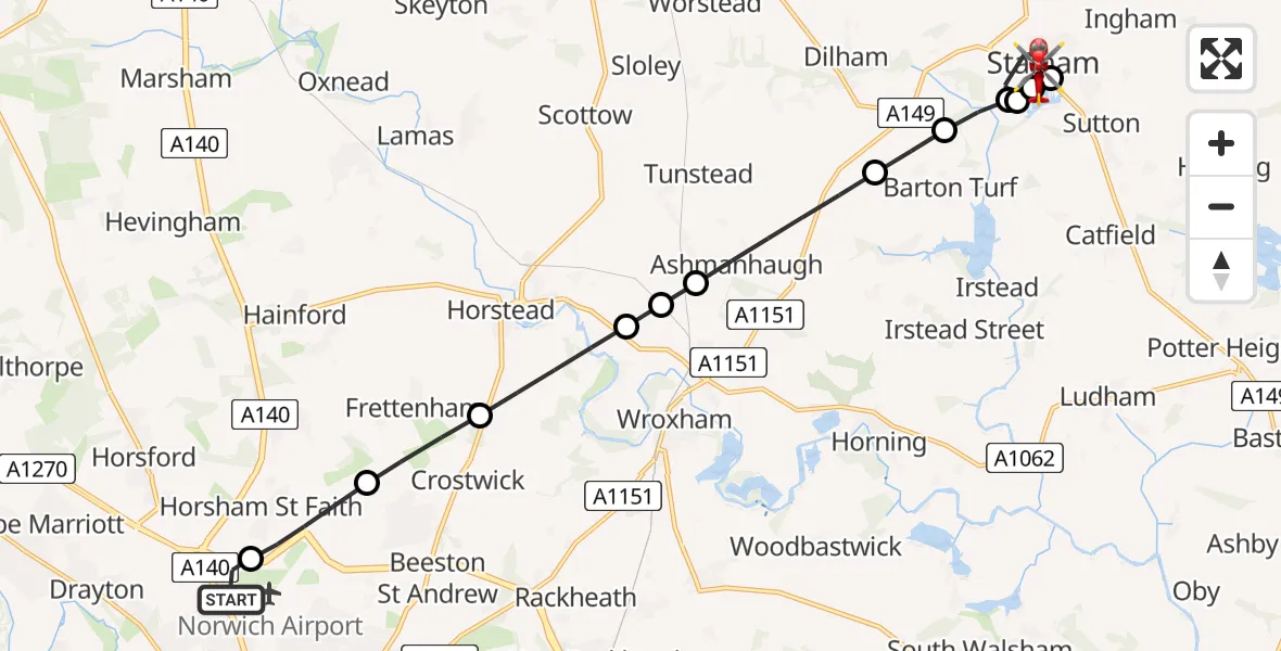 Flight route Air Ambulance Helicopter Norwich Airport - Stalham, 31 July 2026, 14:19