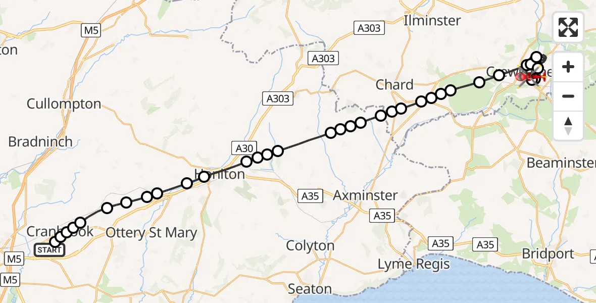Flight route Air Ambulance Helicopter Exeter International Airport - Crewkerne, 31 July 2026, 14:21