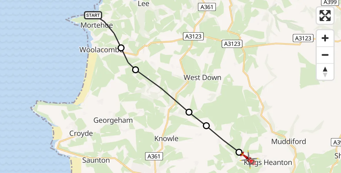 Flight route Air Ambulance Helicopter Mortehoe - Marwood, 31 July 2026, 14:30