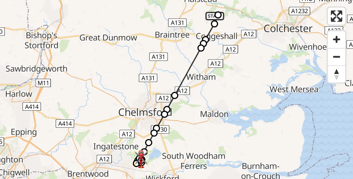 Flight route Air Ambulance Helicopter Earls Colne Airfield - Ramsden Heath, 31 July 2026, 14:30