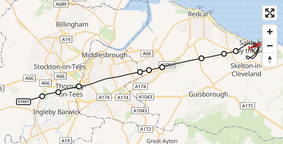Flight route Air Ambulance Helicopter Egglescliffe - Saltburn by the Sea, 31 July 2026, 14:31