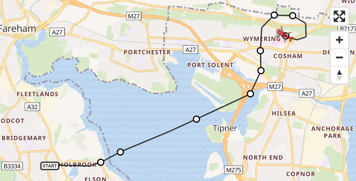 Flight route Air Ambulance Helicopter Gosport - Queen Alexandra Hospital, 31 July 2026, 14:33