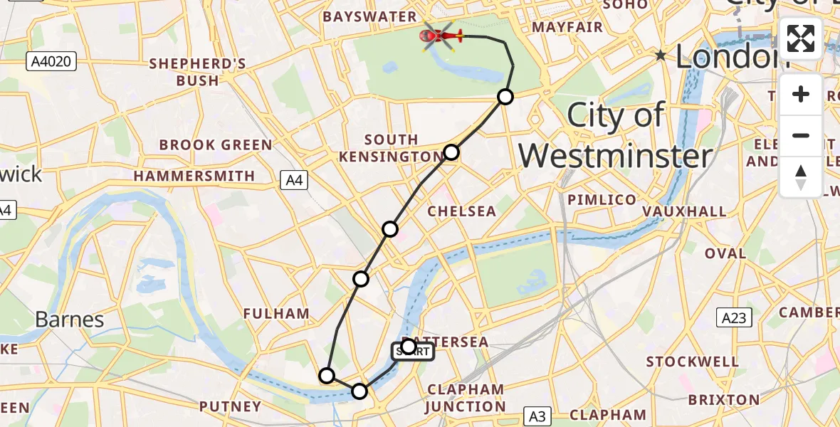 Flight route Air Ambulance Helicopter London Heliport - City of Westminster, 31 July 2026, 14:36