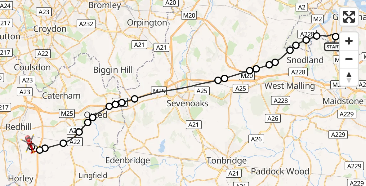 Flight route Air Ambulance Helicopter Rochester Airport - Redhill Aerodrome, 31 July 2026, 14:37