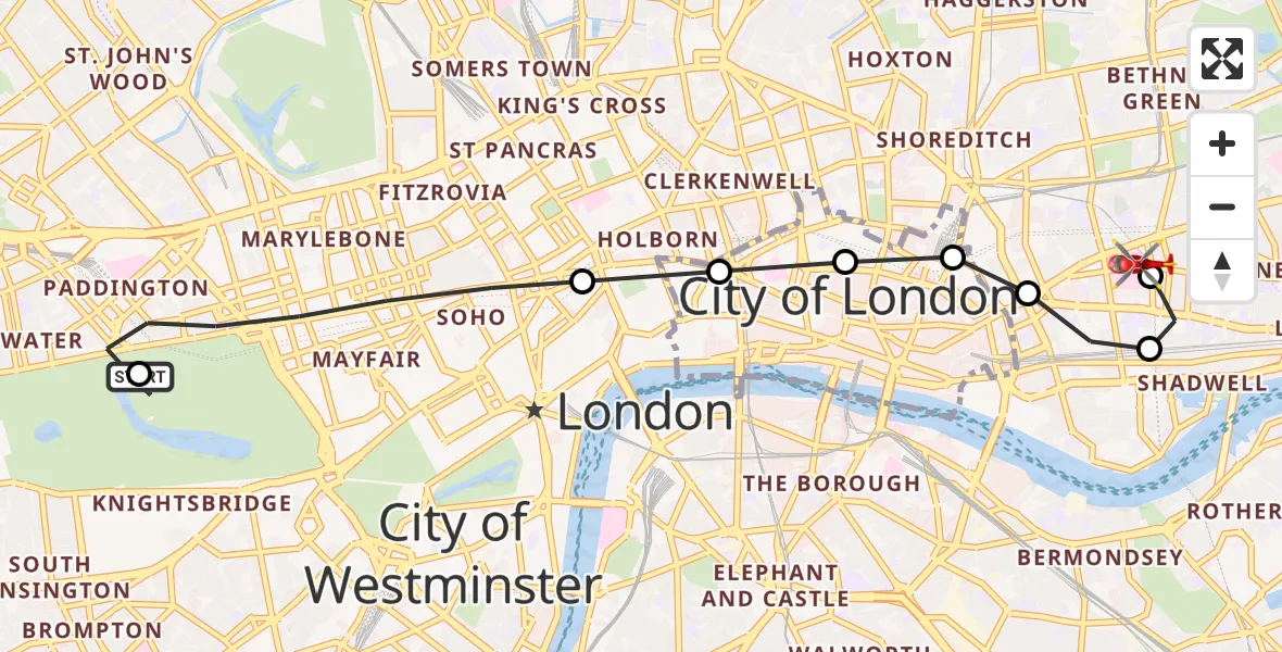 Flight route Air Ambulance Helicopter City of Westminster - Royal London Hospital, 31 July 2026, 14:50