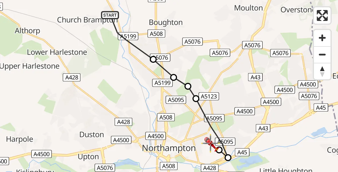 Flight route Air Ambulance Helicopter Chapel Brampton - Northampton, 31 July 2026, 14:52