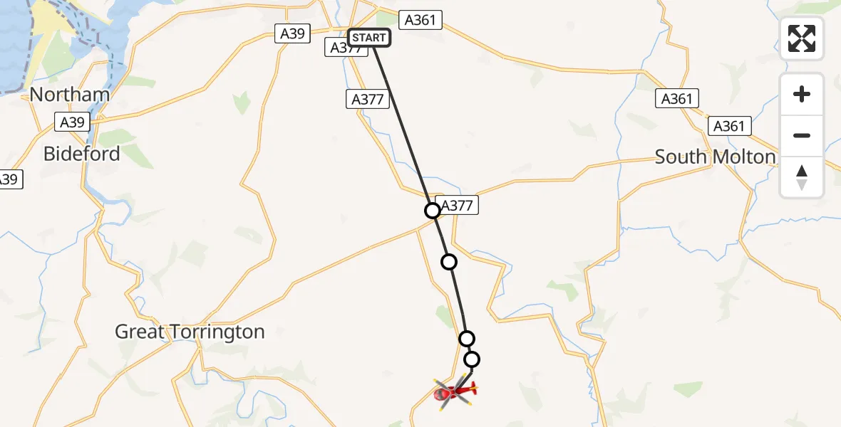 Flight route Air Ambulance Helicopter Bishop's Tawton - Eaglescott Airfield, 31 July 2026, 15:03