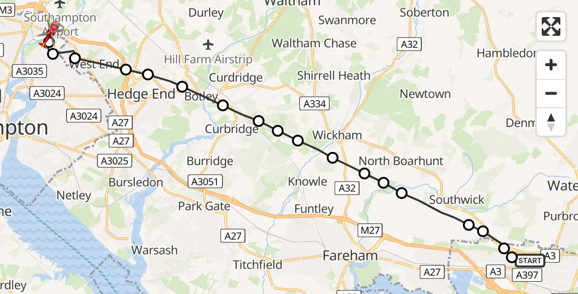 Flight route Air Ambulance Helicopter Queen Alexandra Hospital - Mansbridge, 31 July 2026, 15:03