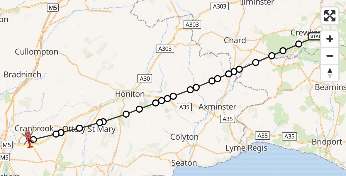 Flight route Air Ambulance Helicopter Crewkerne - Exeter International Airport, 31 July 2026, 15:12