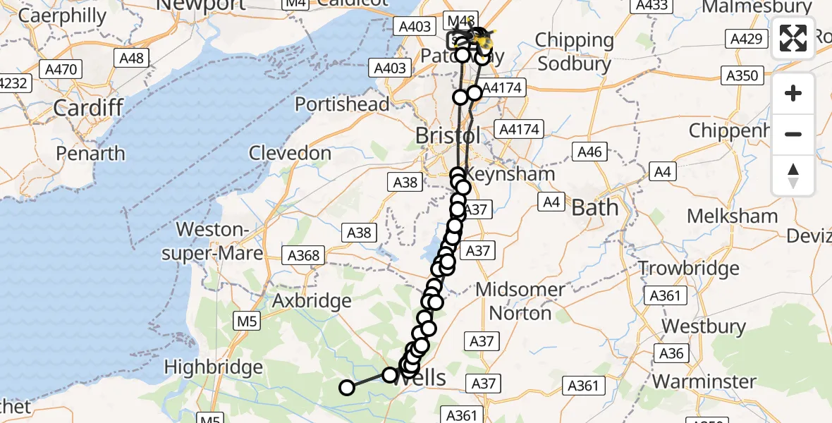 Flight route Police Helicopter Almondsbury Helicopter Base - Almondsbury Helicopter Base, 31 July 2026, 15:13