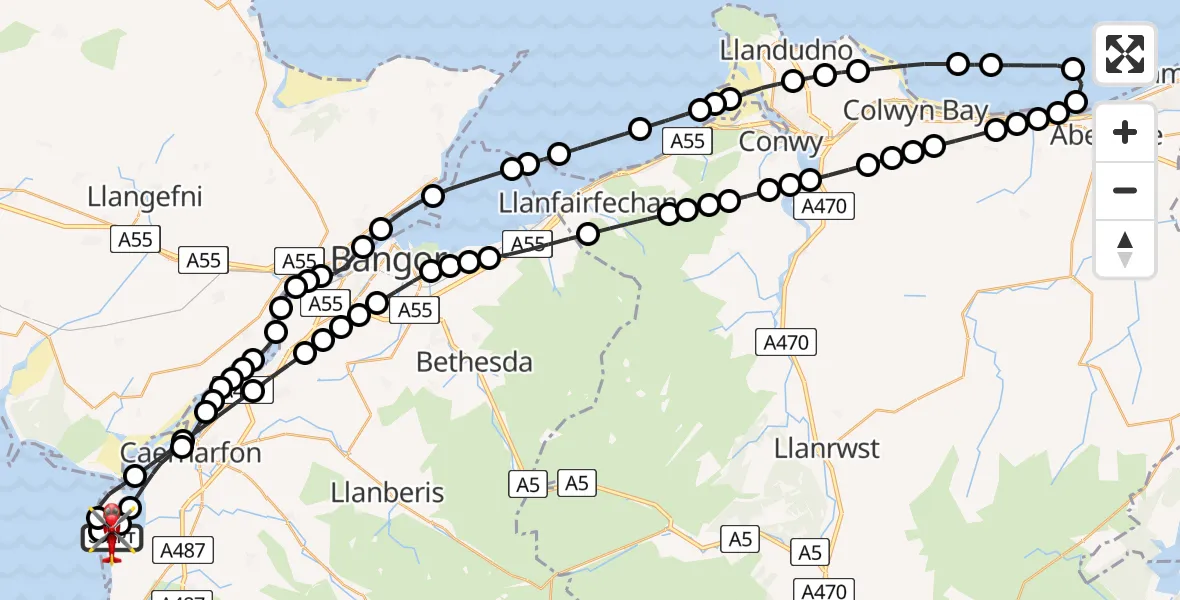 Flight route Air Ambulance Helicopter Caernarfon Airport - Caernarfon Airport, 31 July 2026, 15:30