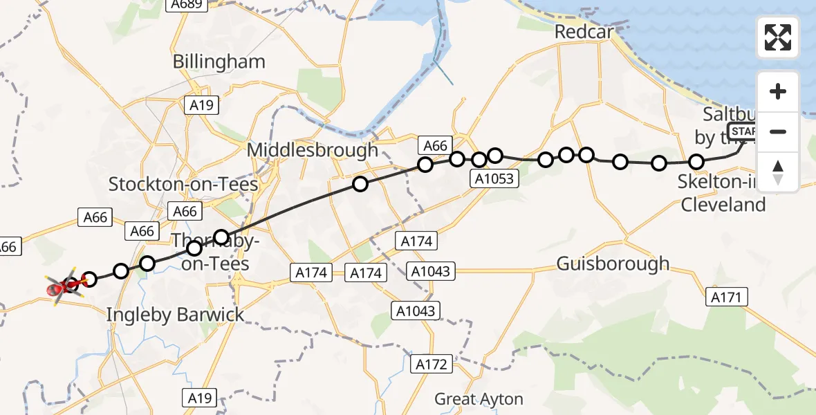 Flight route Air Ambulance Helicopter Saltburn by the Sea - Longnewton, 31 July 2026, 15:41