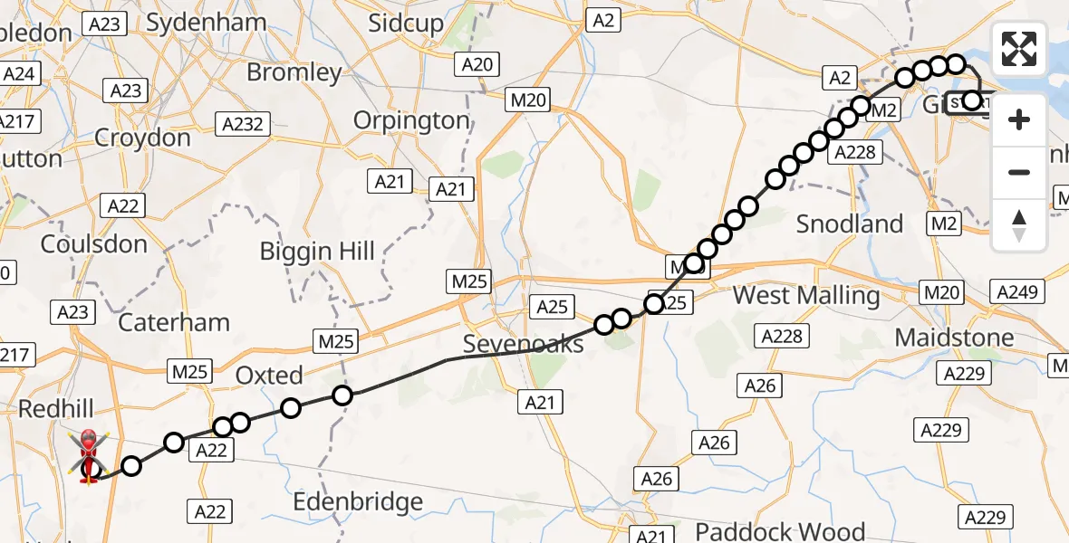 Flight route Air Ambulance Helicopter Chatham - Redhill Aerodrome, 31 July 2026, 15:42