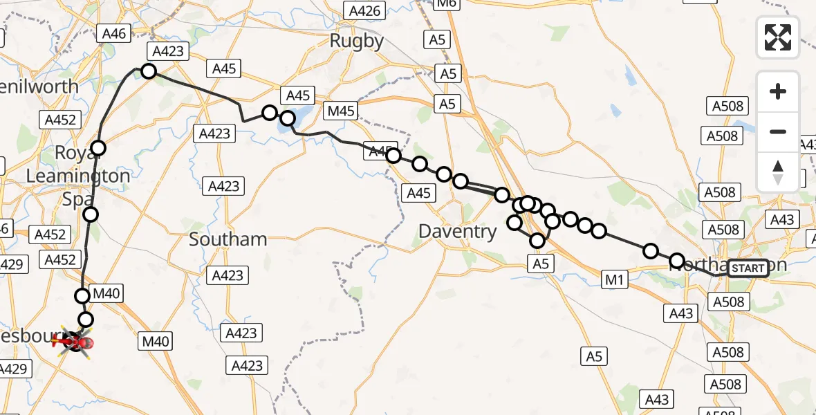 Flight route Air Ambulance Helicopter Northampton - Lighthorne, 31 July 2026, 15:53