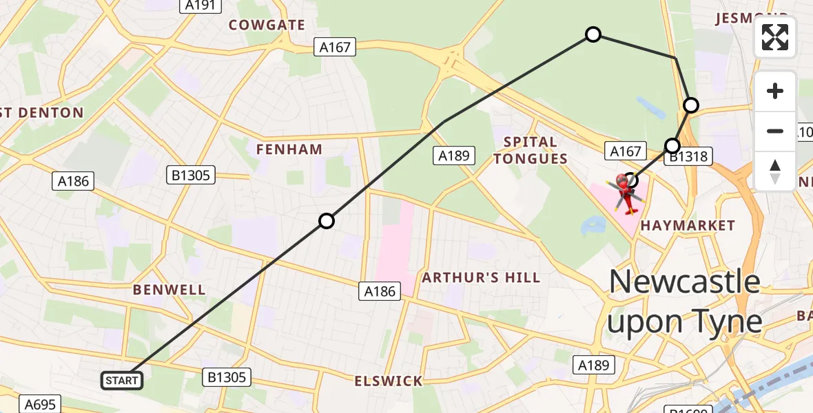 Flight route Air Ambulance Helicopter Benwell - Newcastle Royal Victoria Infirmary, 31 July 2026, 15:54