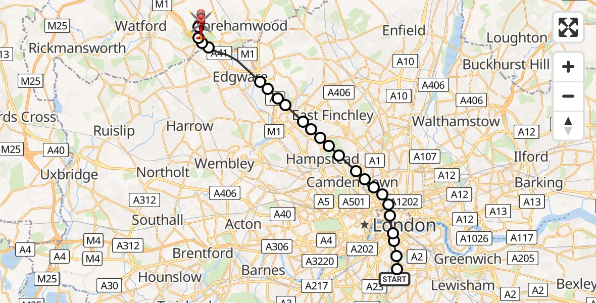 Flight route Air Ambulance Helicopter Kings College London Hospital - Elstree Airfield, 31 July 2026, 16:12