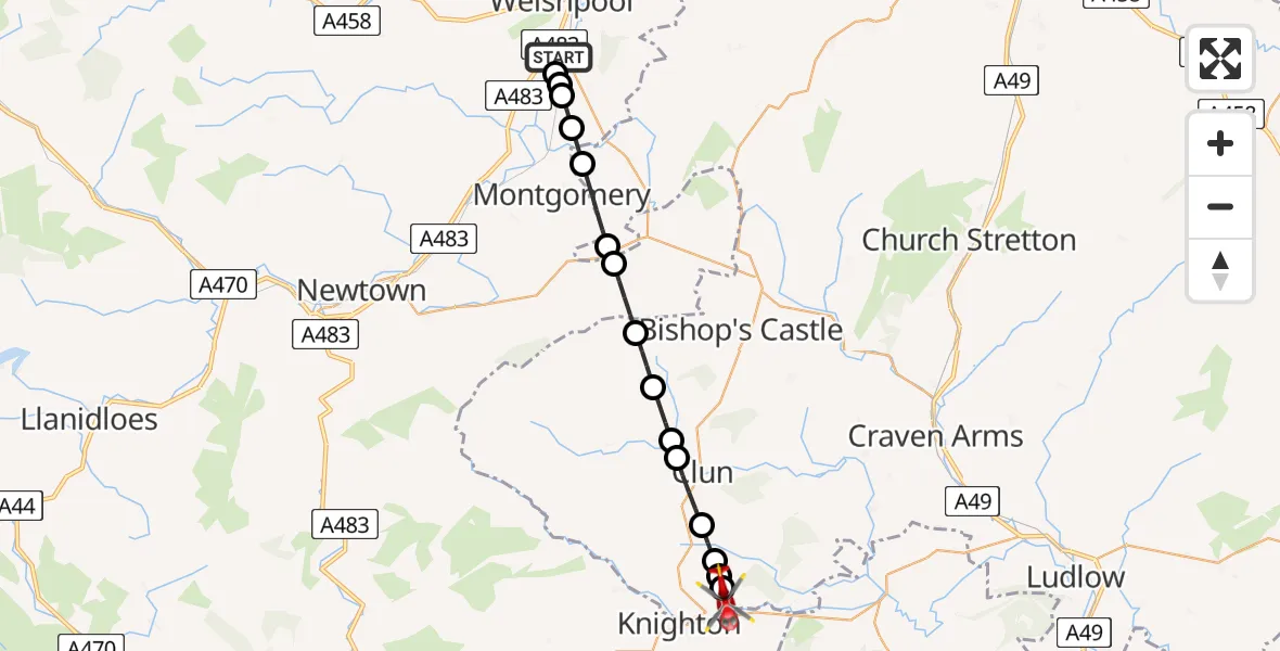 Flight route Air Ambulance Helicopter Welshpool Airport - Stowe, 31 July 2026, 16:16