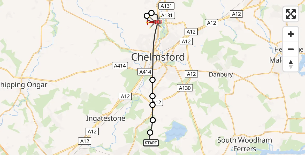 Flight route Air Ambulance Helicopter Ramsden Heath - Chelmsford, 31 July 2026, 16:29